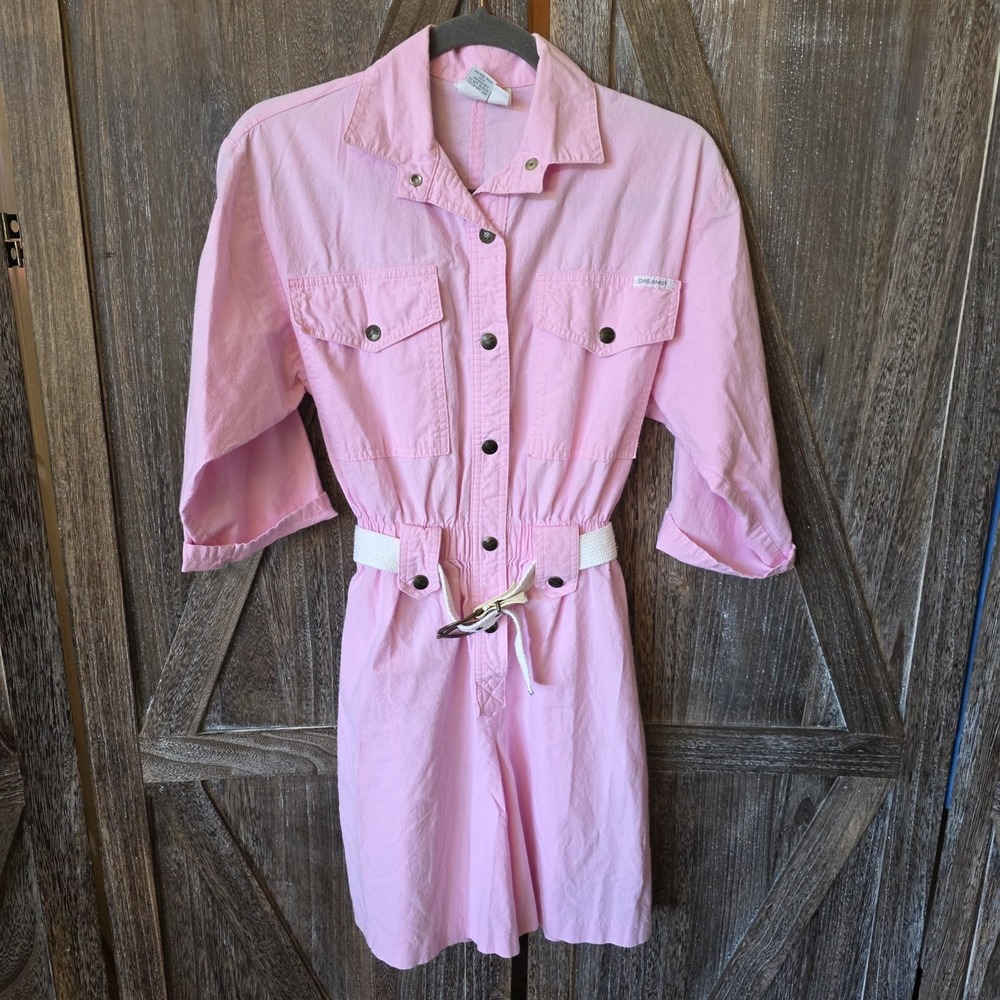 Dreams Dress Womens Size S Light Pink Belted Collared Snaps Vintage 3/4 Sleeve